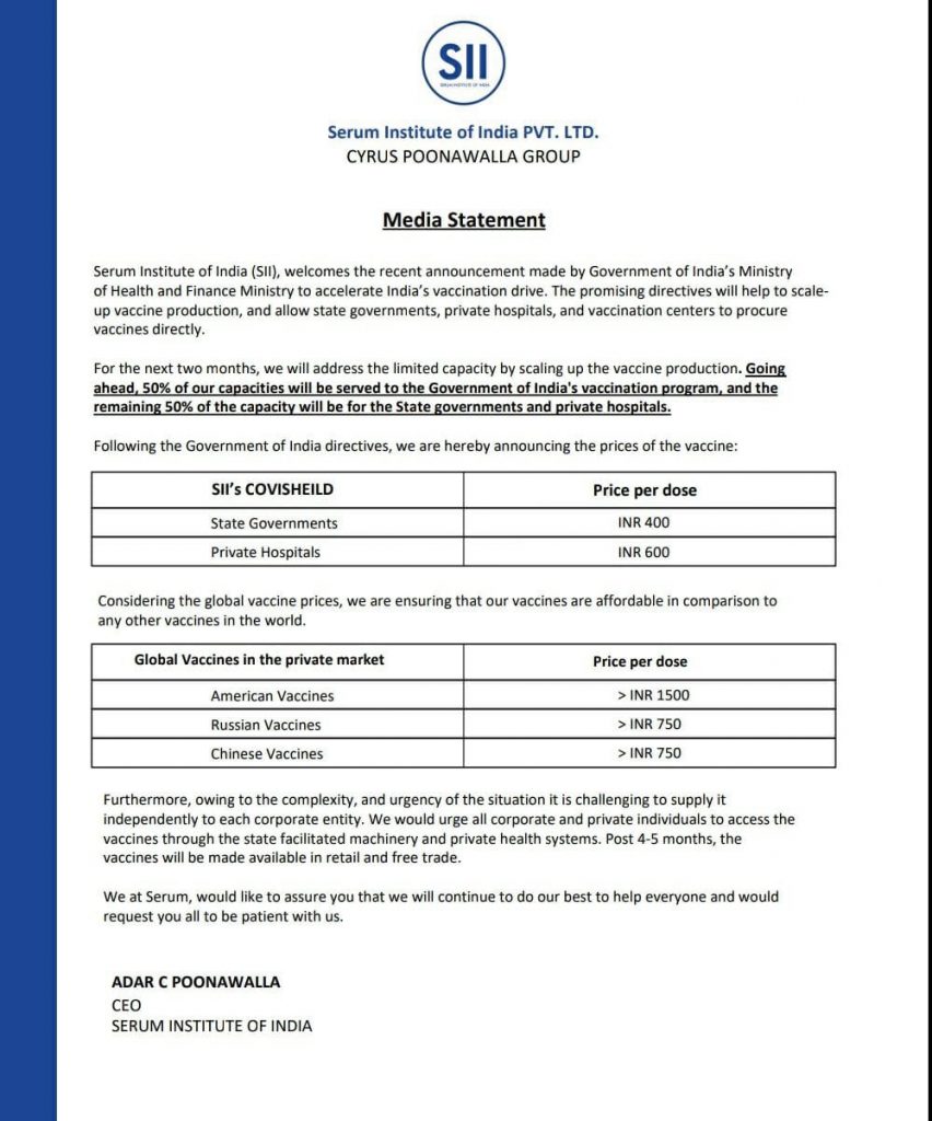 serum covishield rate card