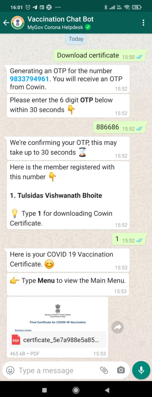 Vaccination certificate on WhatsApp