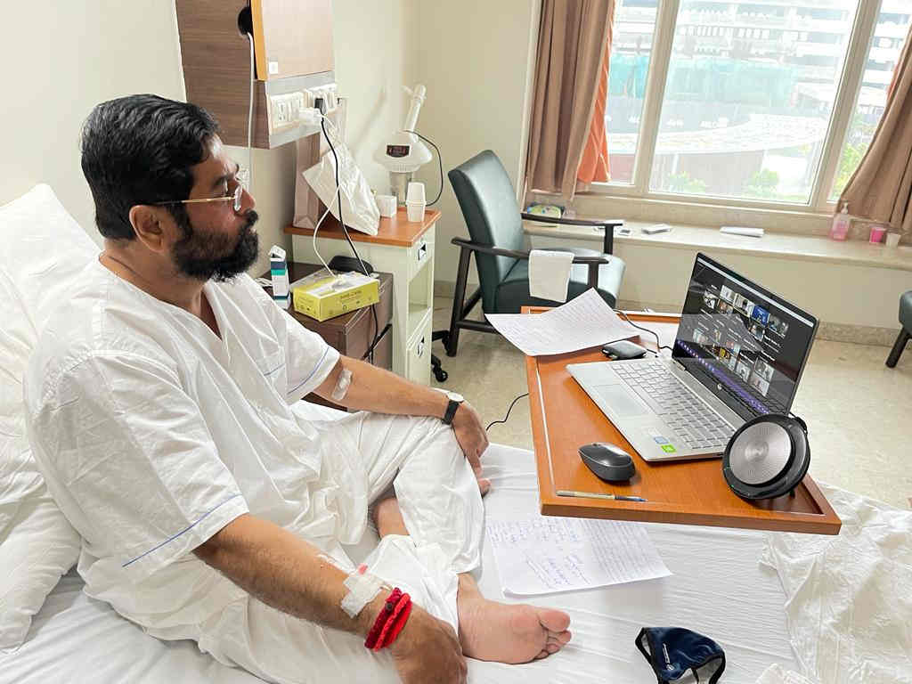 Eknath Shinde takes review of mumbais corona situation from the hospital