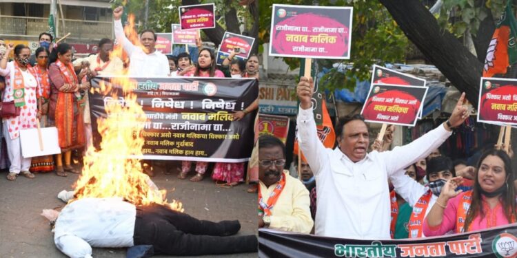 नवाब मलिक यांच्या राजीनाम्याची मागणी करीत भाजपाचे आंदोलन