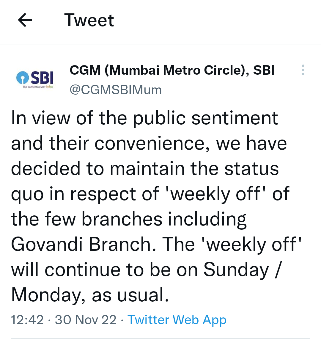 SBI-Tweet regarding holiday change